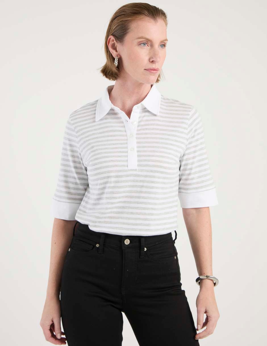 Playera manga al codo cuello camisero mujer