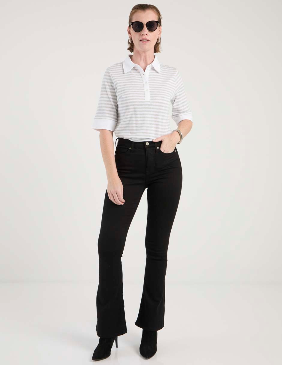 Playera manga al codo cuello camisero mujer