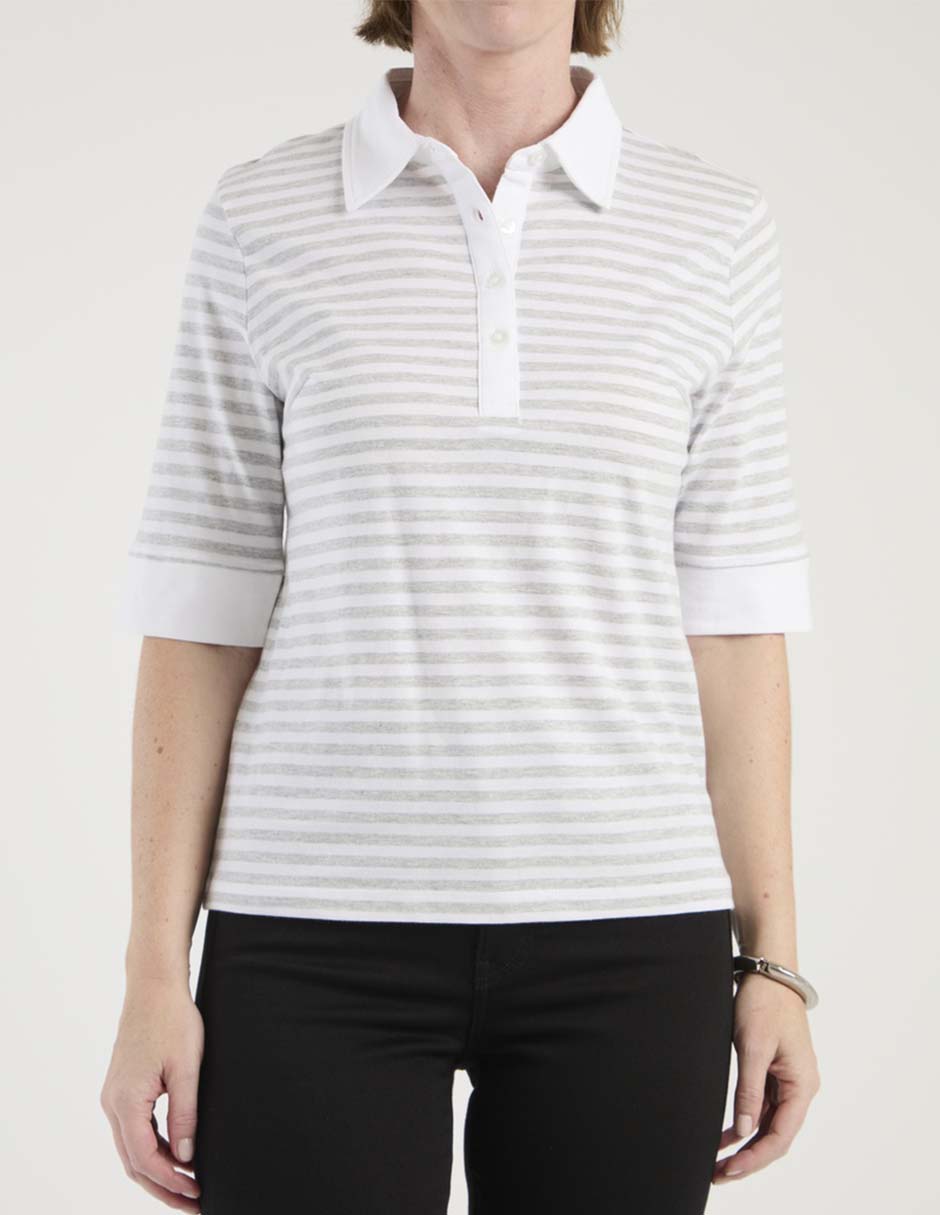 Playera manga al codo cuello camisero mujer