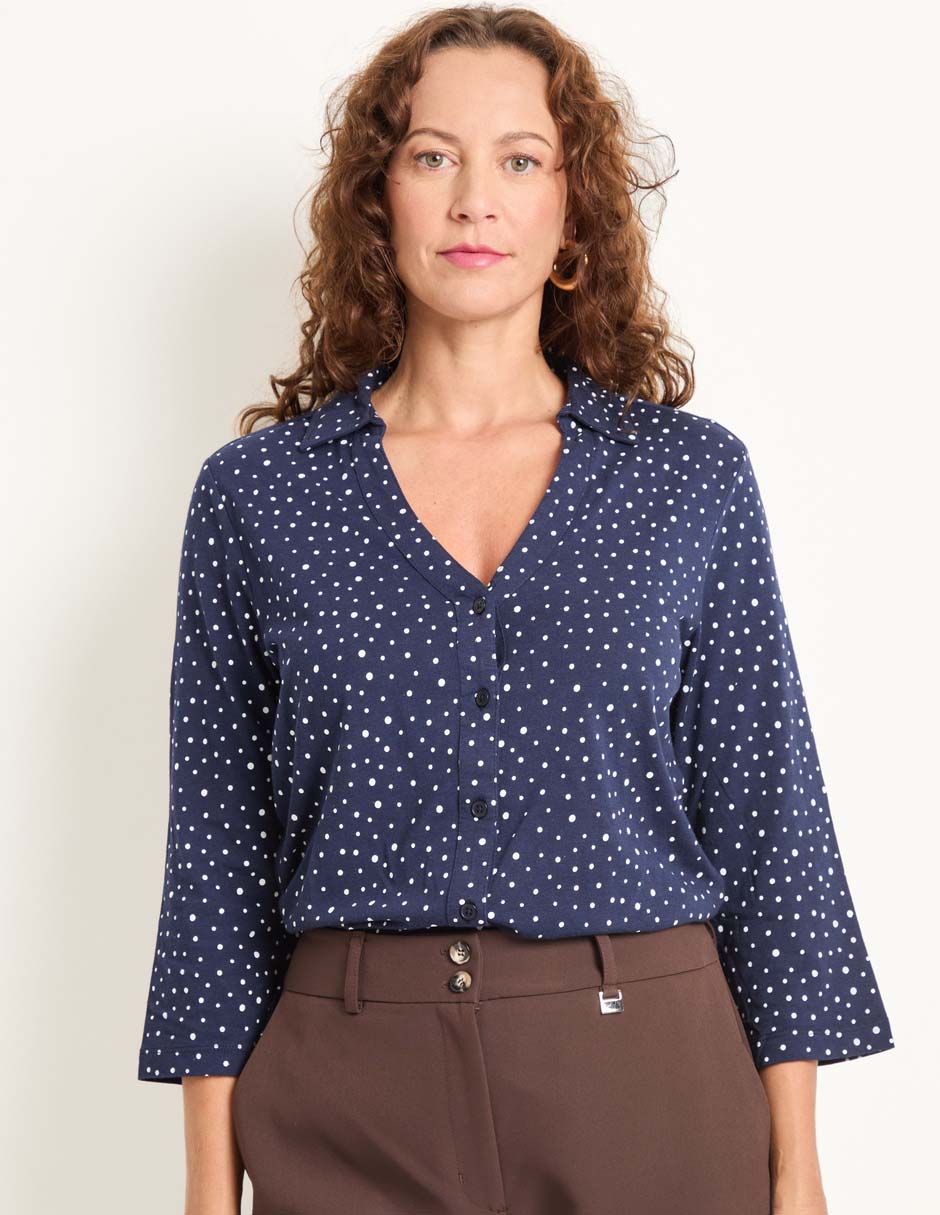Playera manga 3/4 cuello camisero mujer