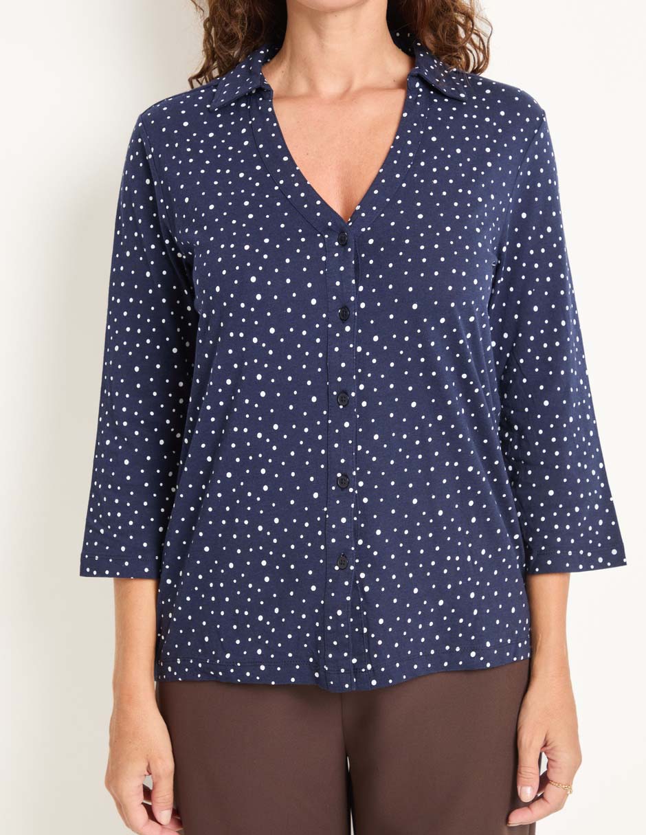 Playera manga 3/4 cuello camisero mujer