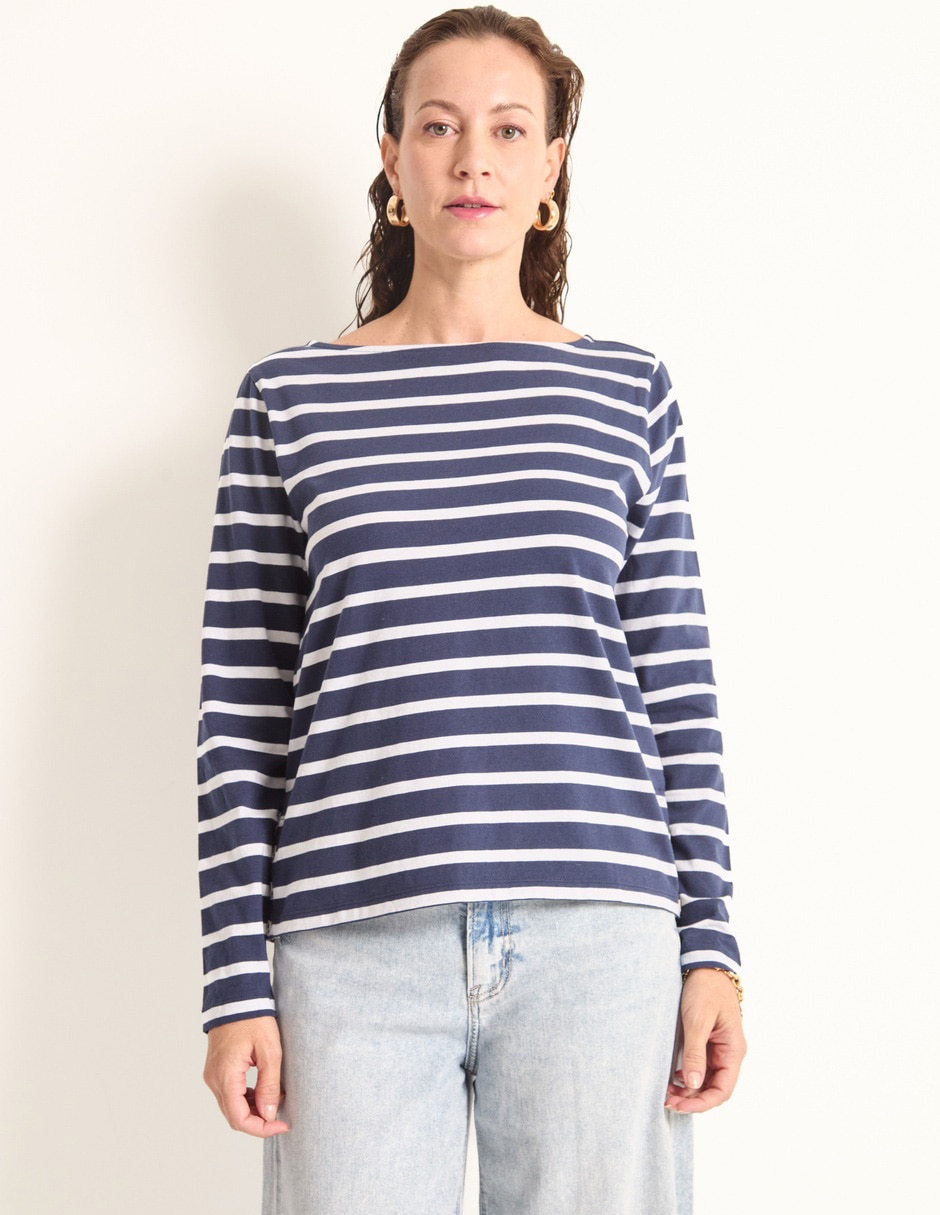 Playera manga larga cuello ojal para mujer