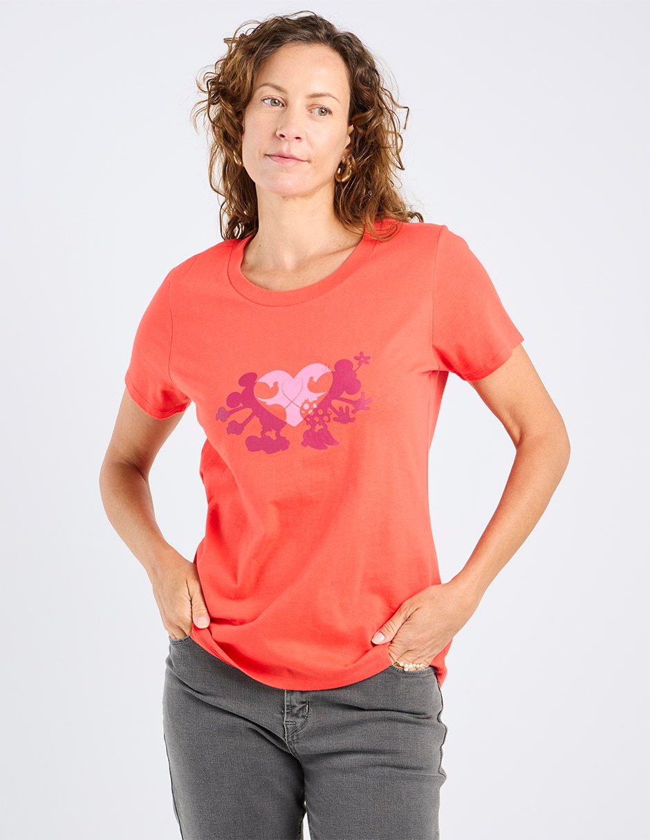 Playera manga corta Mickey Mouse Y Minnie cuello redondo para mujer Playera manga corta Mickey Mouse Y Minnie cuello redondo para mujer