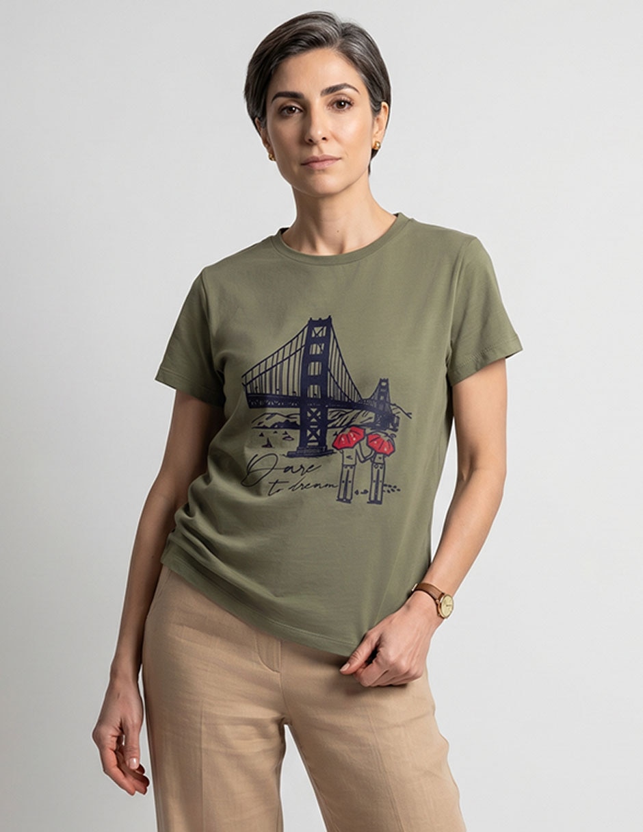 Playera manga al codo cuello redondo para mujer